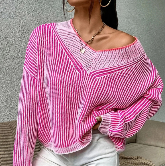 Sweaters - Vertical Stripe Pattern Drop Shoulder Sweater
